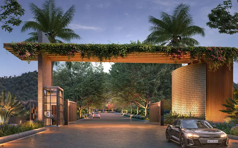 Entrance portal with a planted pergola, security cabin and boom gates