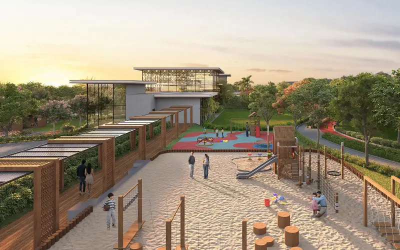 Kids play area with a sand pit, wooden play tower and swings