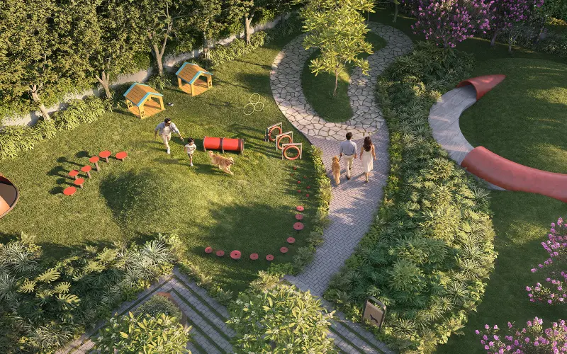 Pet park with agility equipment and a winding stone path