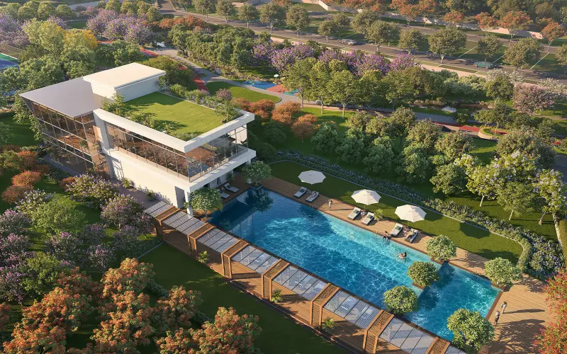 Aerial view of the pool deck, pergola walk and lawns beside the club