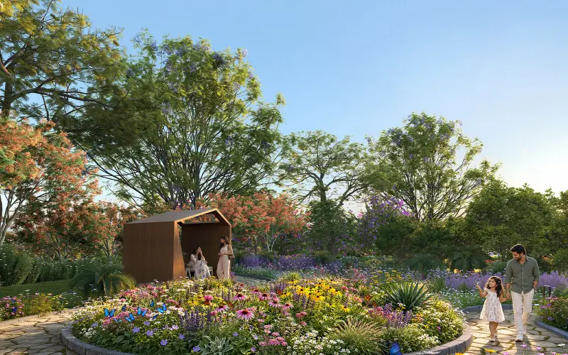 Sensory garden with flowering beds, butterflies and a timber shelter