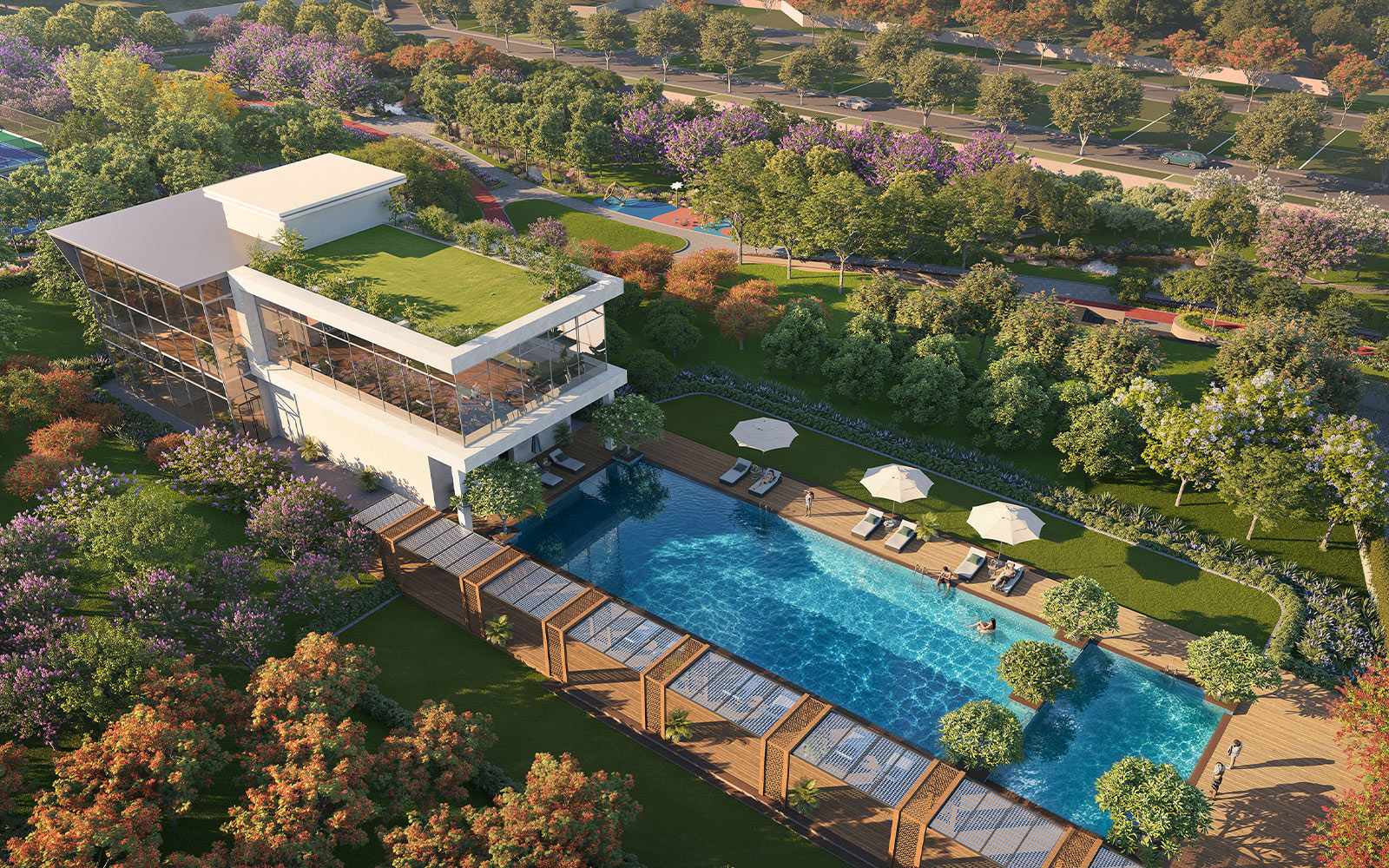 Club Forest at dusk, architecture by Hafeez Contractor